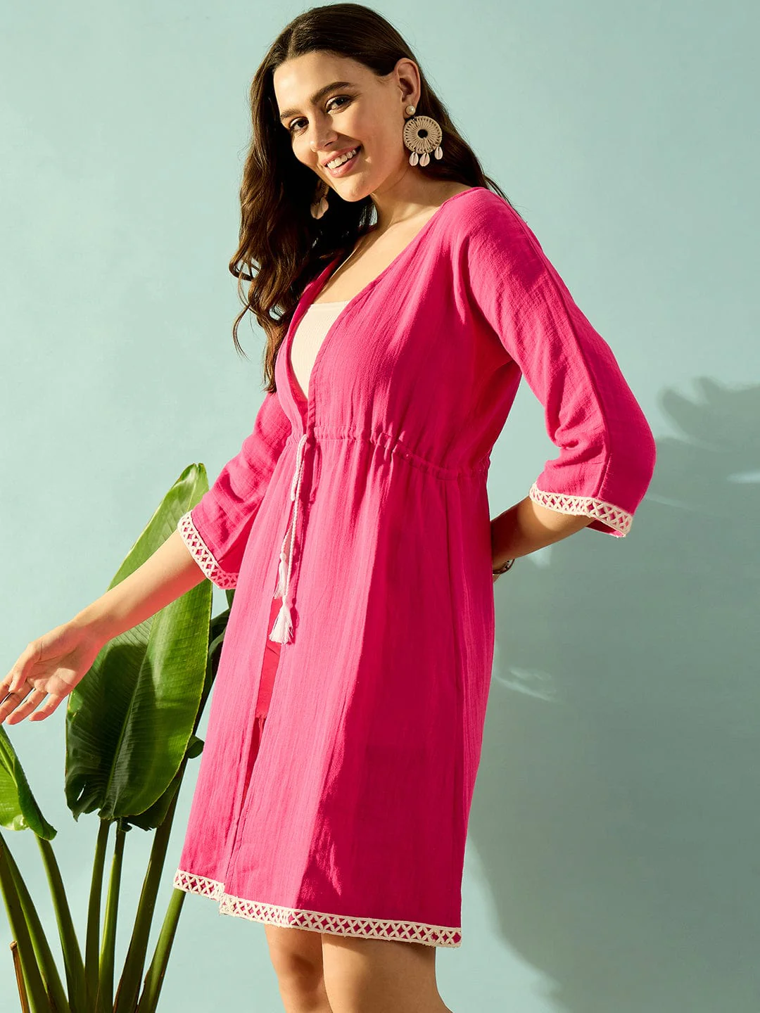Pink Cotton Laced Up  Resort Wear Coverup - Image 5