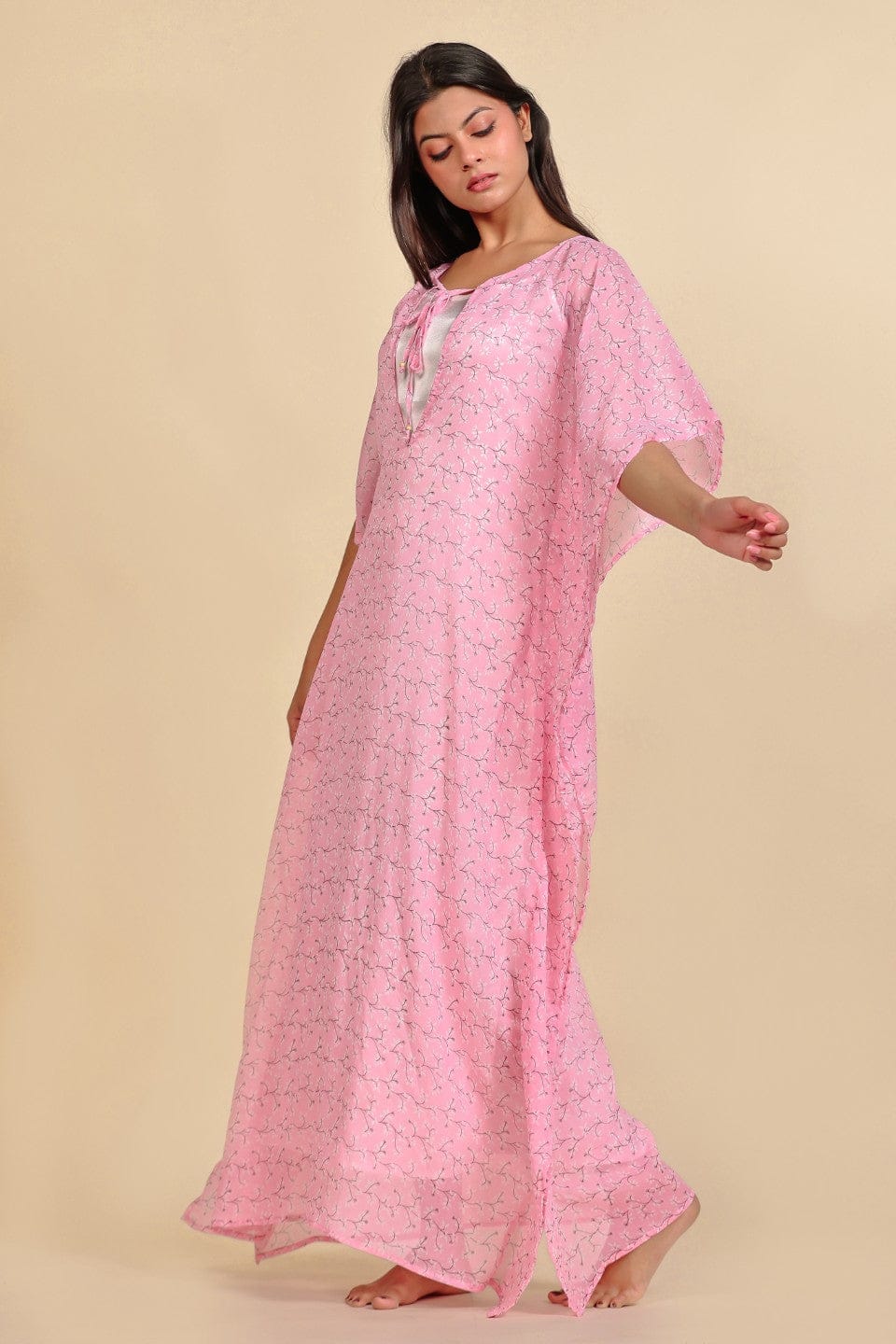 Pink Floral Chiffon Kaftan Nightdress with Satin Slip Inner - Image 7