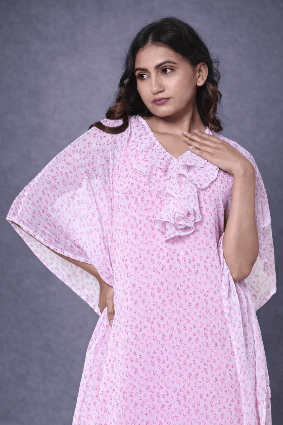 Pink Floral Chiffon Loungewear Kaftan with Crepe Slip - Image 5