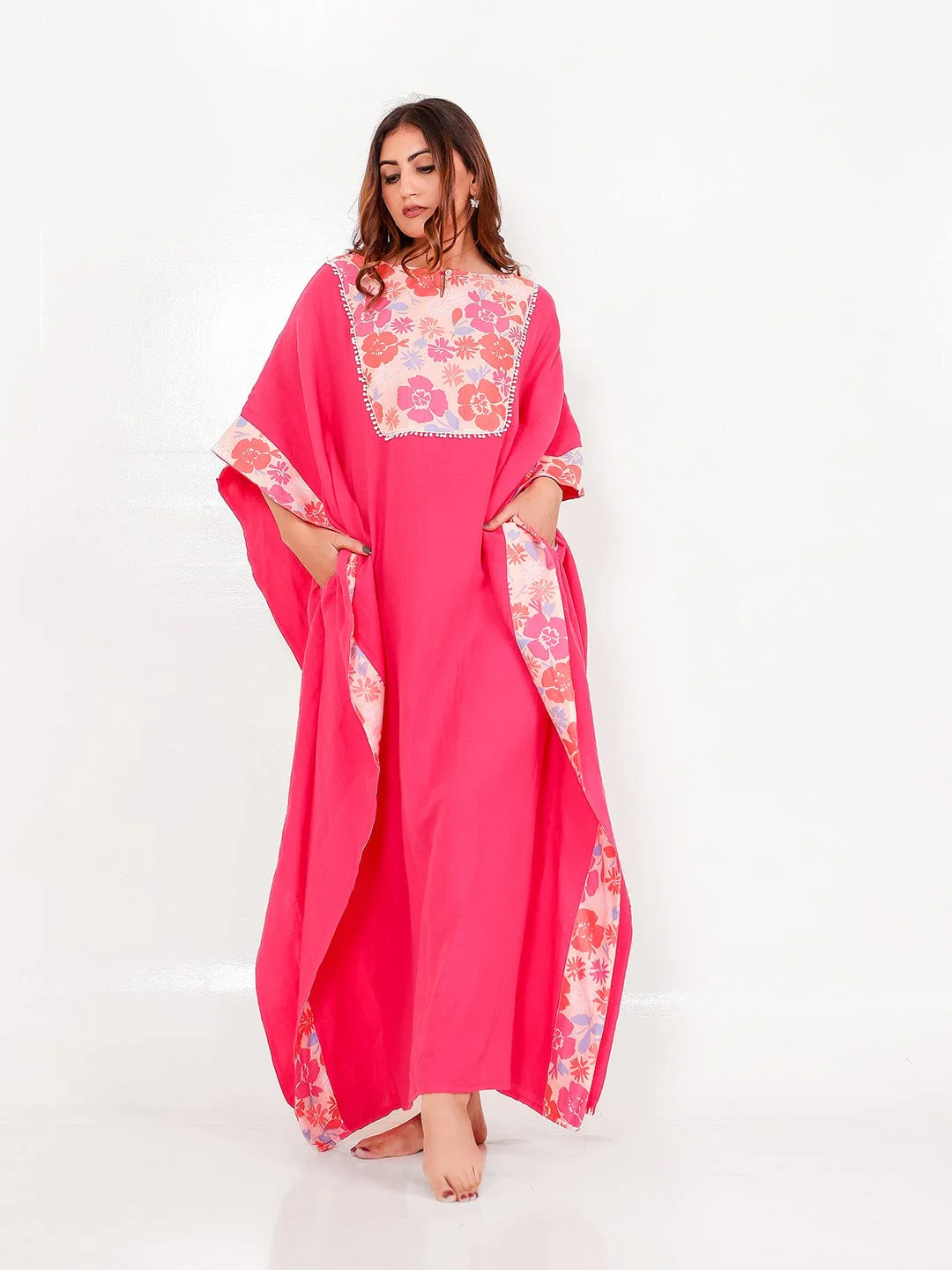 Pink Floral Cotton Kaftan with Pockets