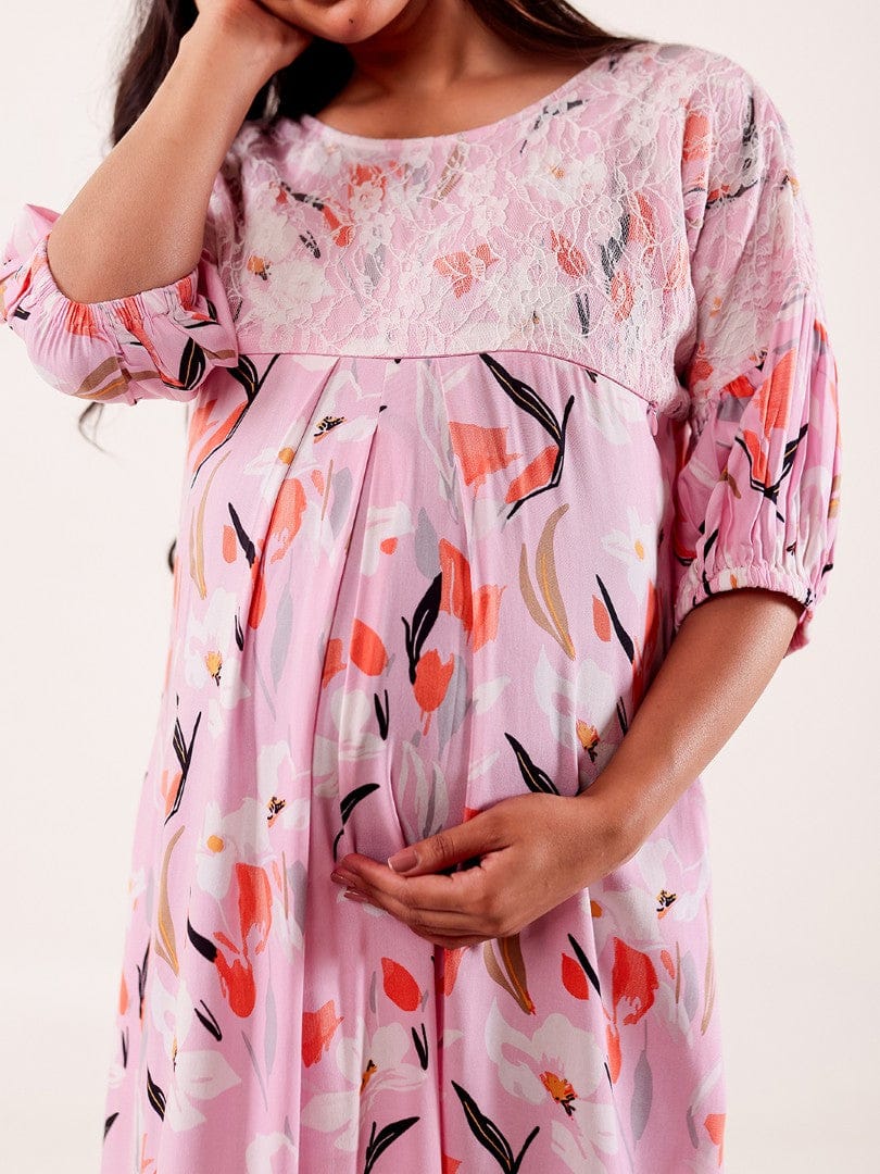 Pink Floral Printed Maternity Nightgown with Feeding Zipper & Pockets - Image 5