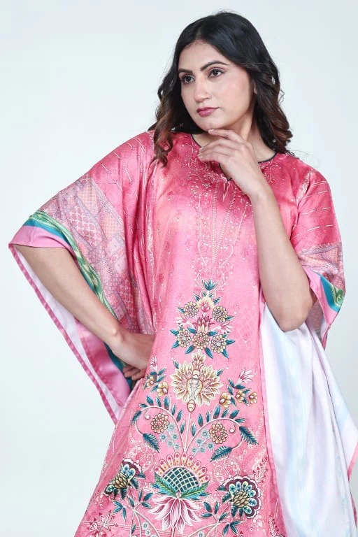 Pink Floral Printed Satin Kaftan with Pockets - Image 4