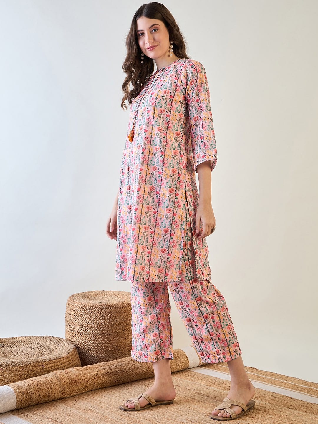 Pink Floral Striped Lurex Co ord Set - Image 3