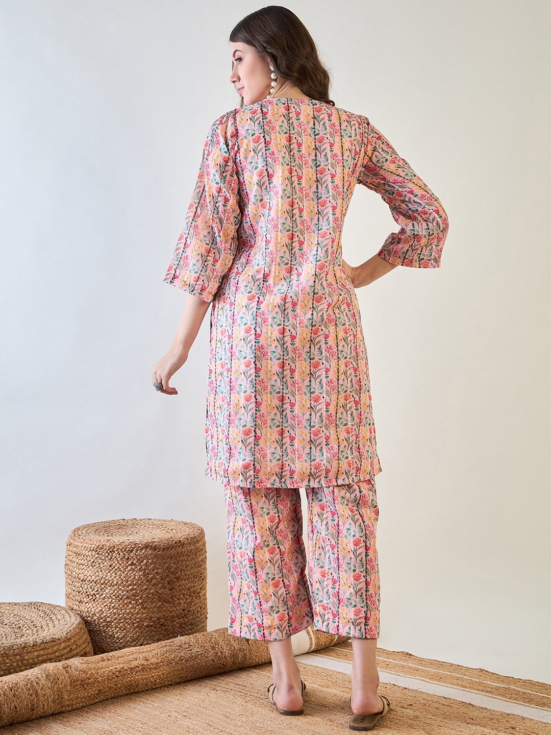 Pink Floral Striped Lurex Co ord Set - Image 4