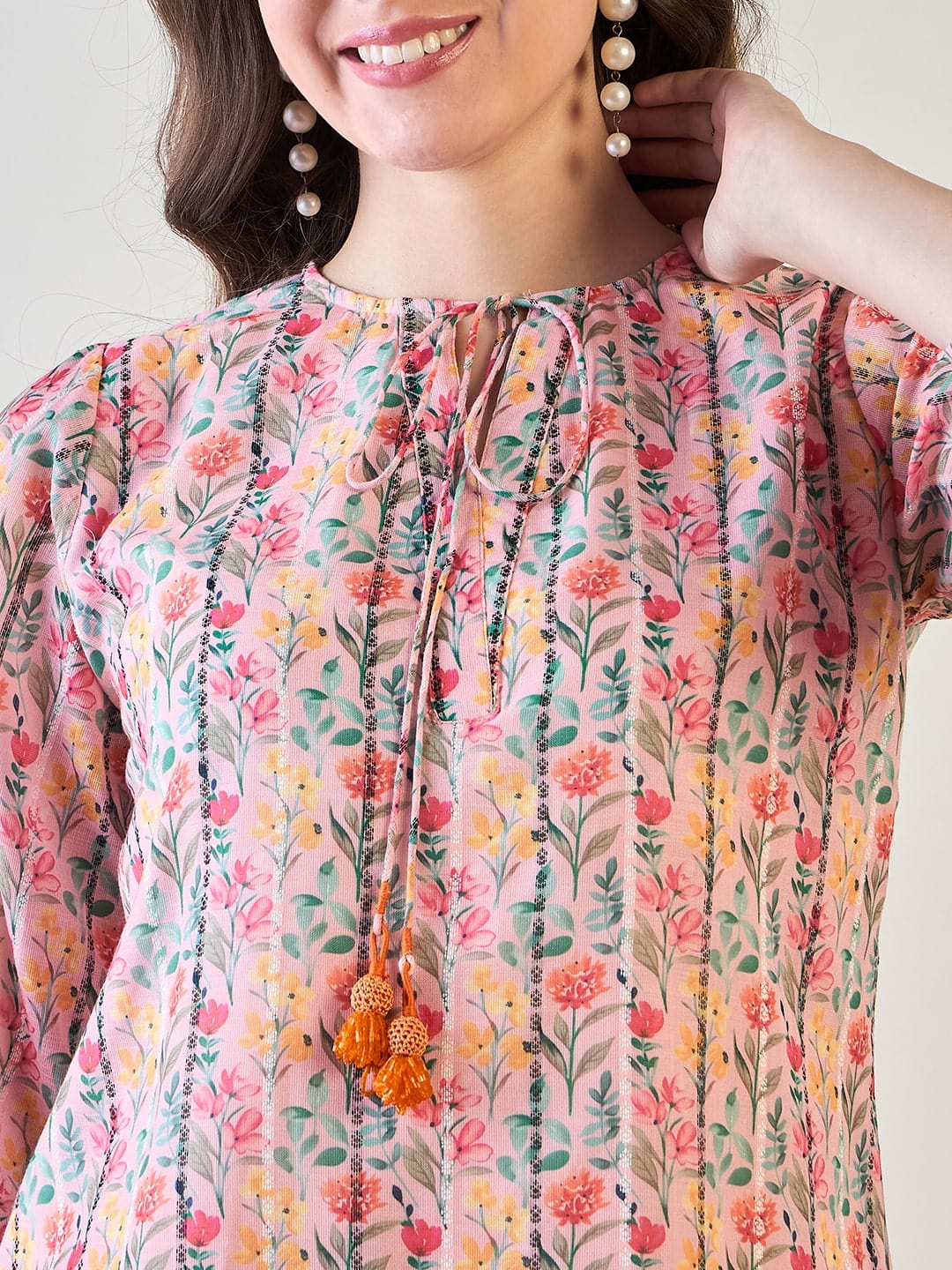 Pink Floral Striped Lurex Co ord Set - Image 5