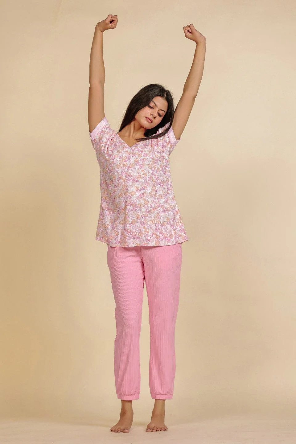 Pink Floral Viscose Rayon Top and Cotton Jogger Nightsuit - Image 8