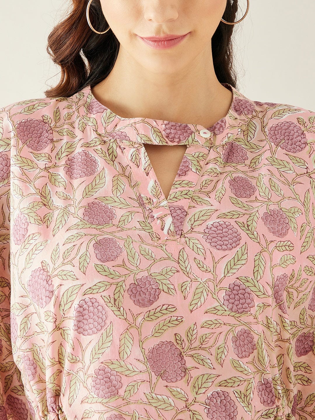 Pink Hand Block Floral Printed Cotton Kaftan Dress - Image 5