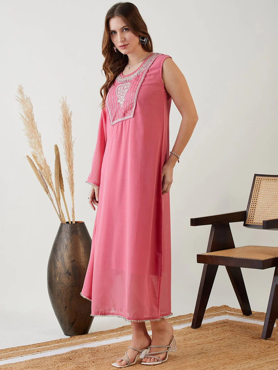 Pink Hand Embroidered Asymmetrical Kaftan Party Dress - Image 3