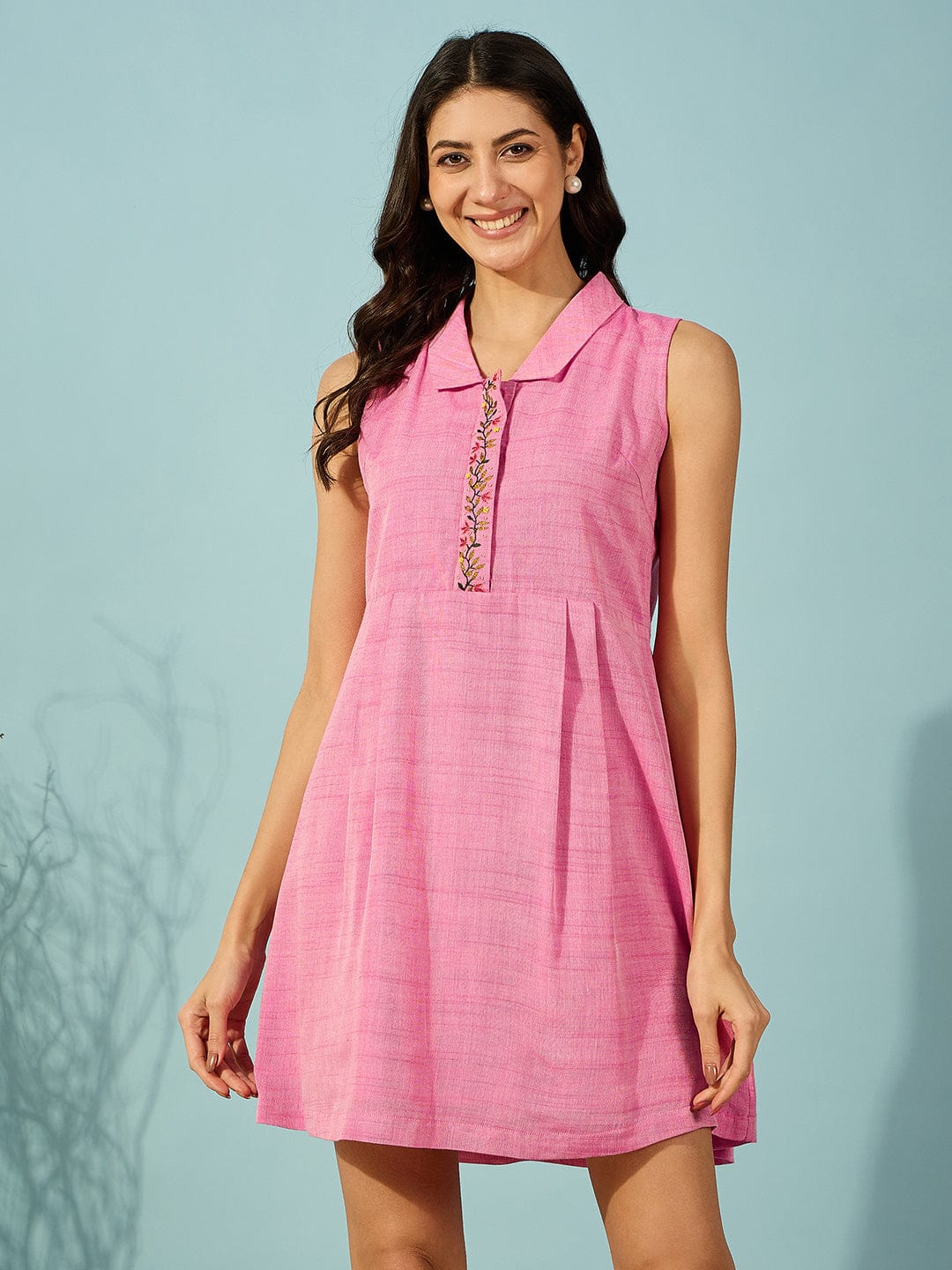Pink Hand Embroidered Viscose Linen Mini Dress - Image 2