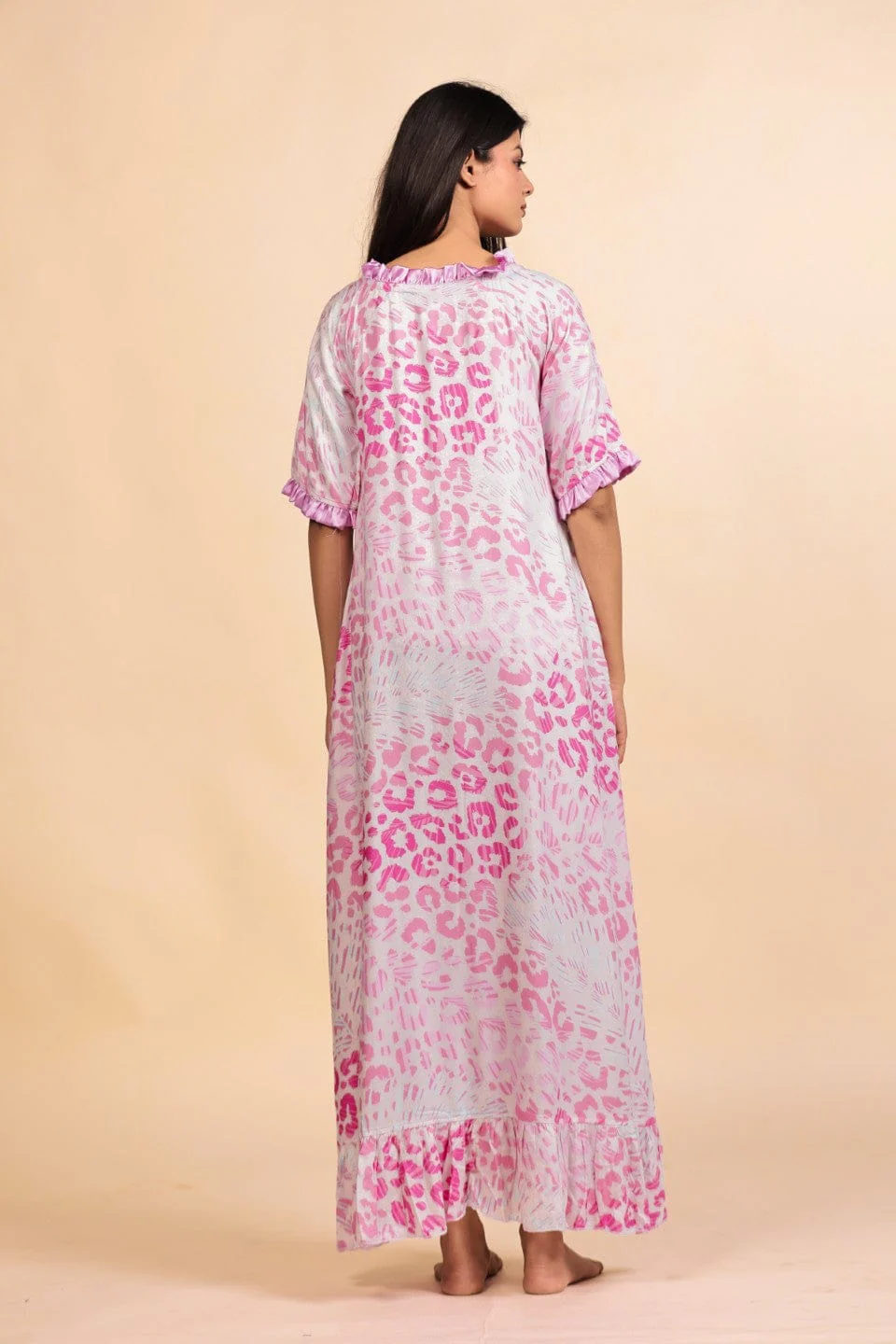 Pink Leopard Print Viscose Nighty with Ruffles - Image 3