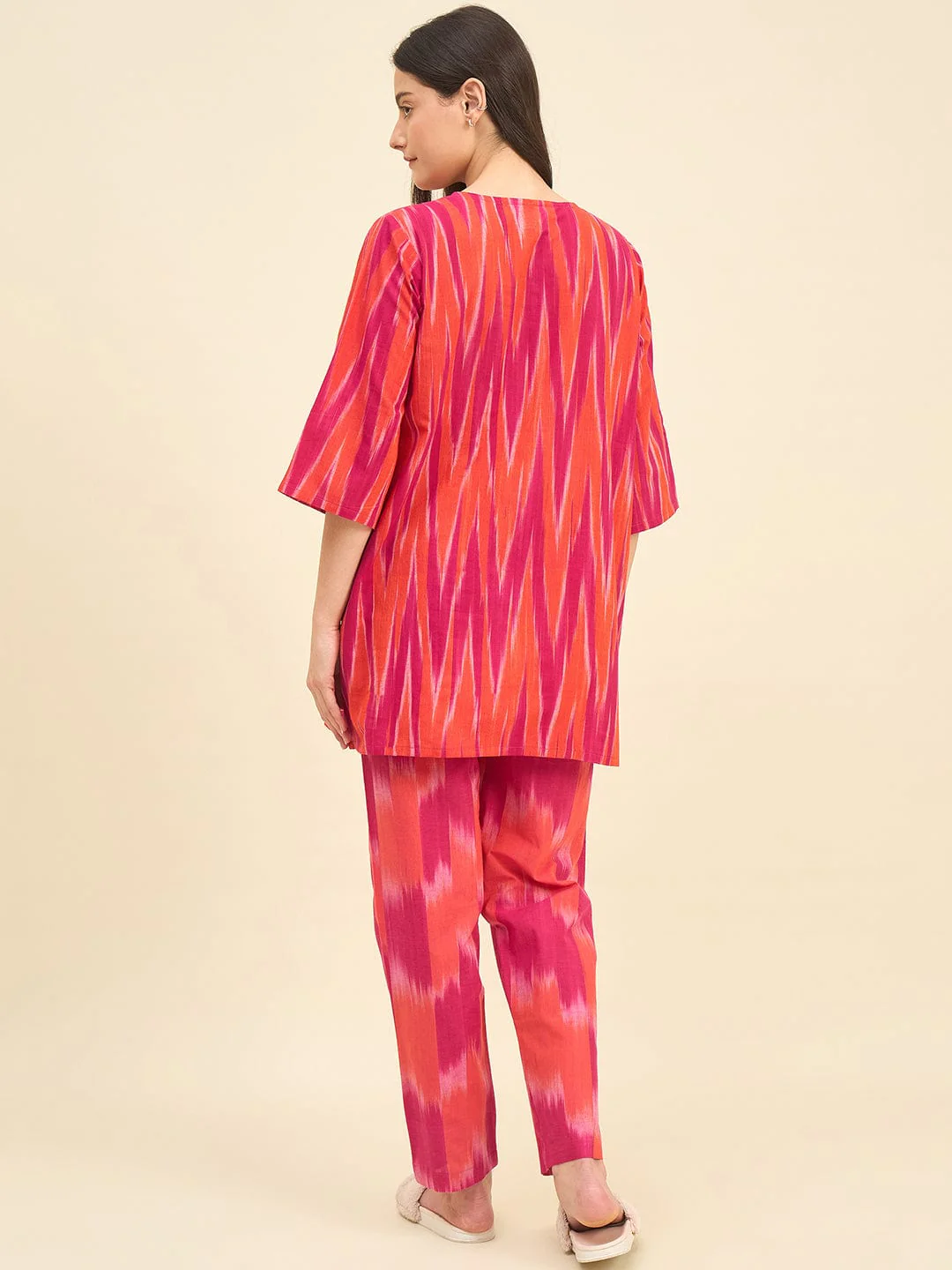 Pink & Orange Ikat Handloom Cotton Co-ord Set – Kurta with Tassel Tie-Up & Pyjamas - Image 4
