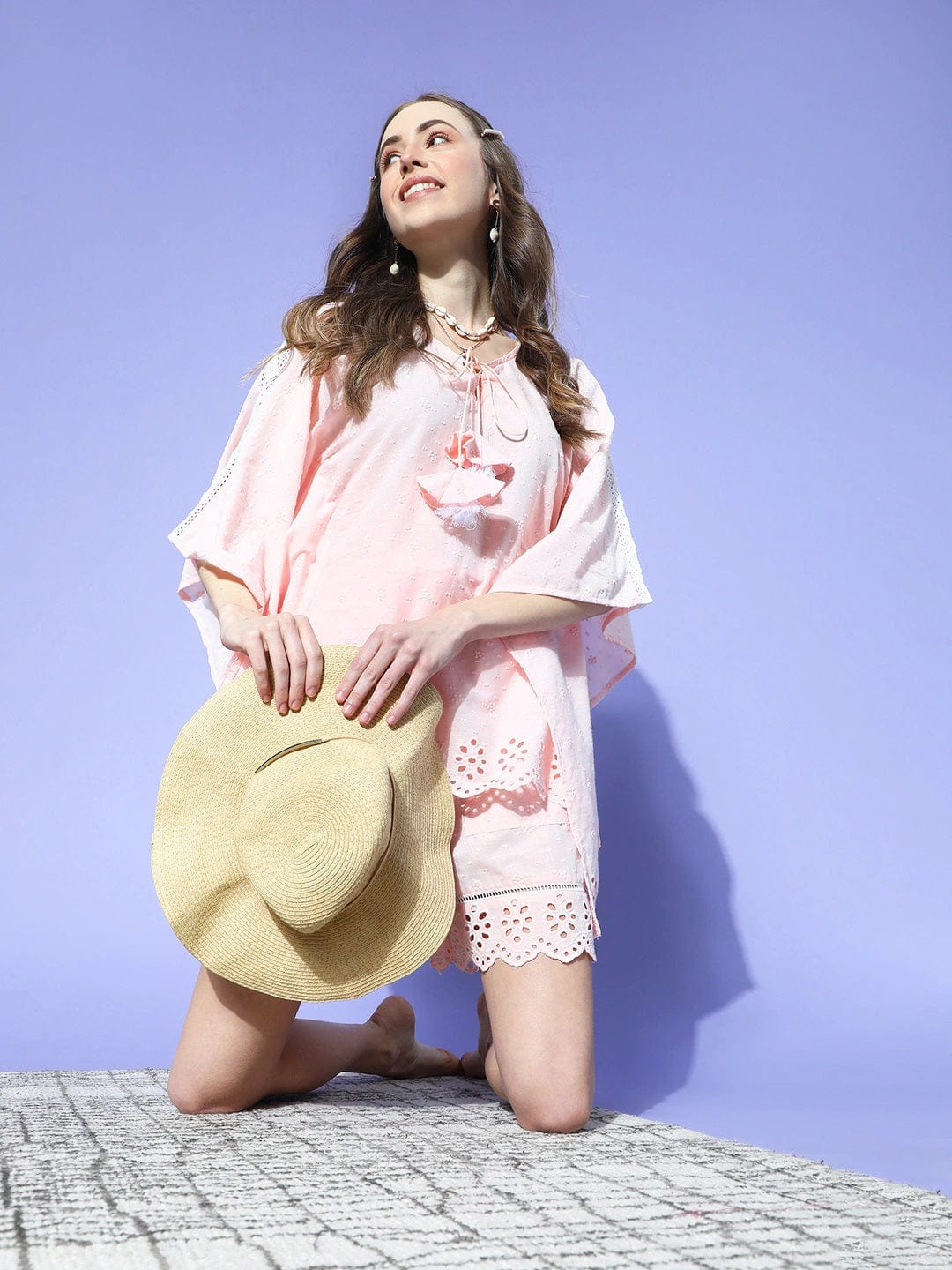 Pink Schiffli Cotton Kaftan & Shorts Set - Image 2