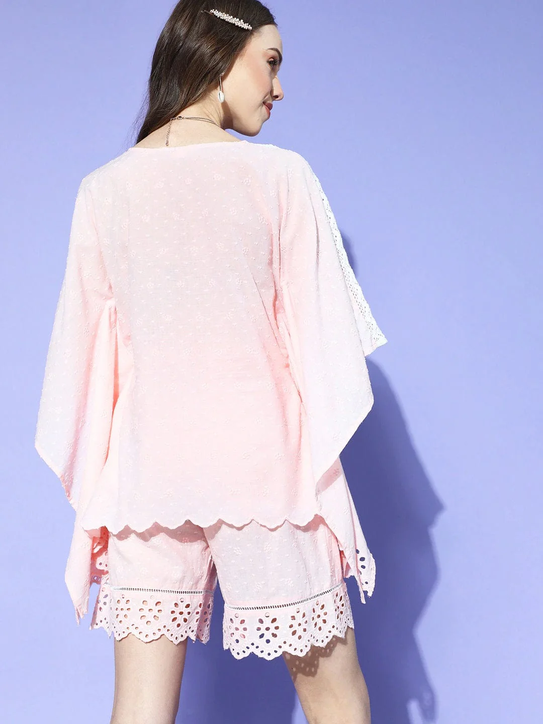 Pink Schiffli Cotton Kaftan & Shorts Set - Image 4