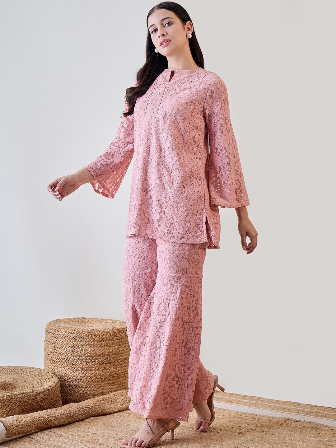 Pink Sheer Embroidered Lace Cord Set - Image 3