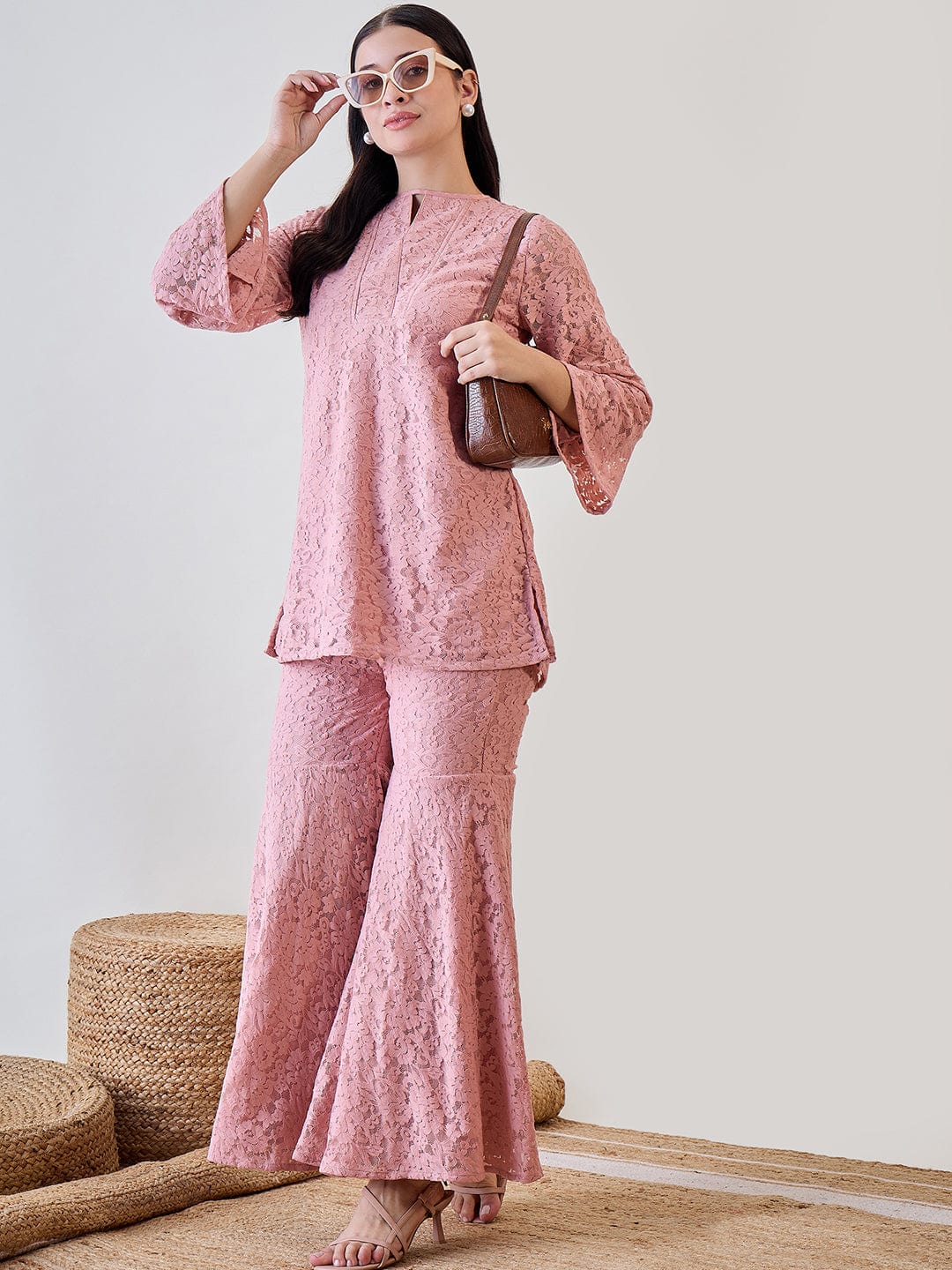 Pink Sheer Embroidered Lace Cord Set - Image 4