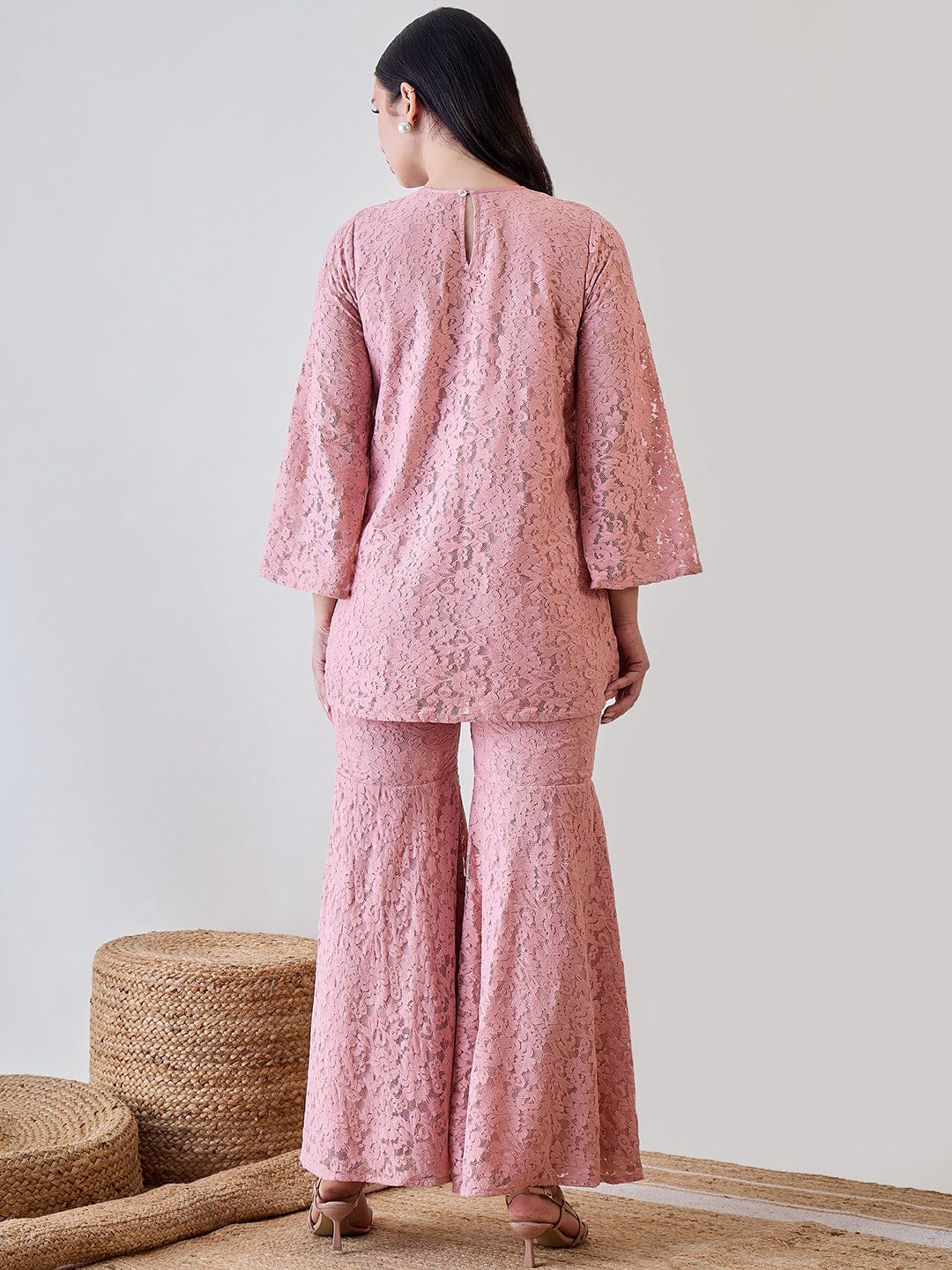 Pink Sheer Embroidered Lace Cord Set - Image 7