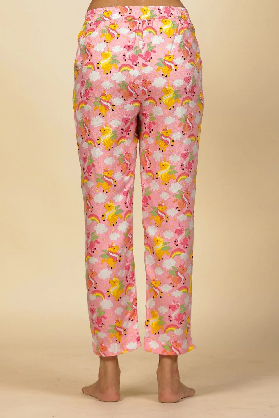 Pink Unicorn and Rainbow Print Viscose Nightsuit with Ruffle and Lace Accents - Image 5