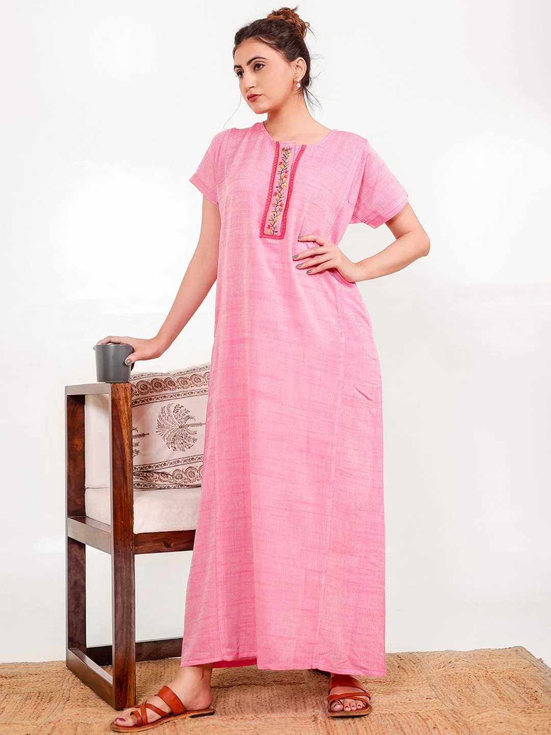 Pink Viscose-Linen Nightdress – Hand-Embroidered Placket
