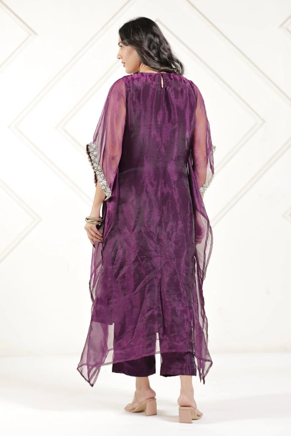 Plum Purple Tissue Silk Kaftan Kurta Set - Image 3