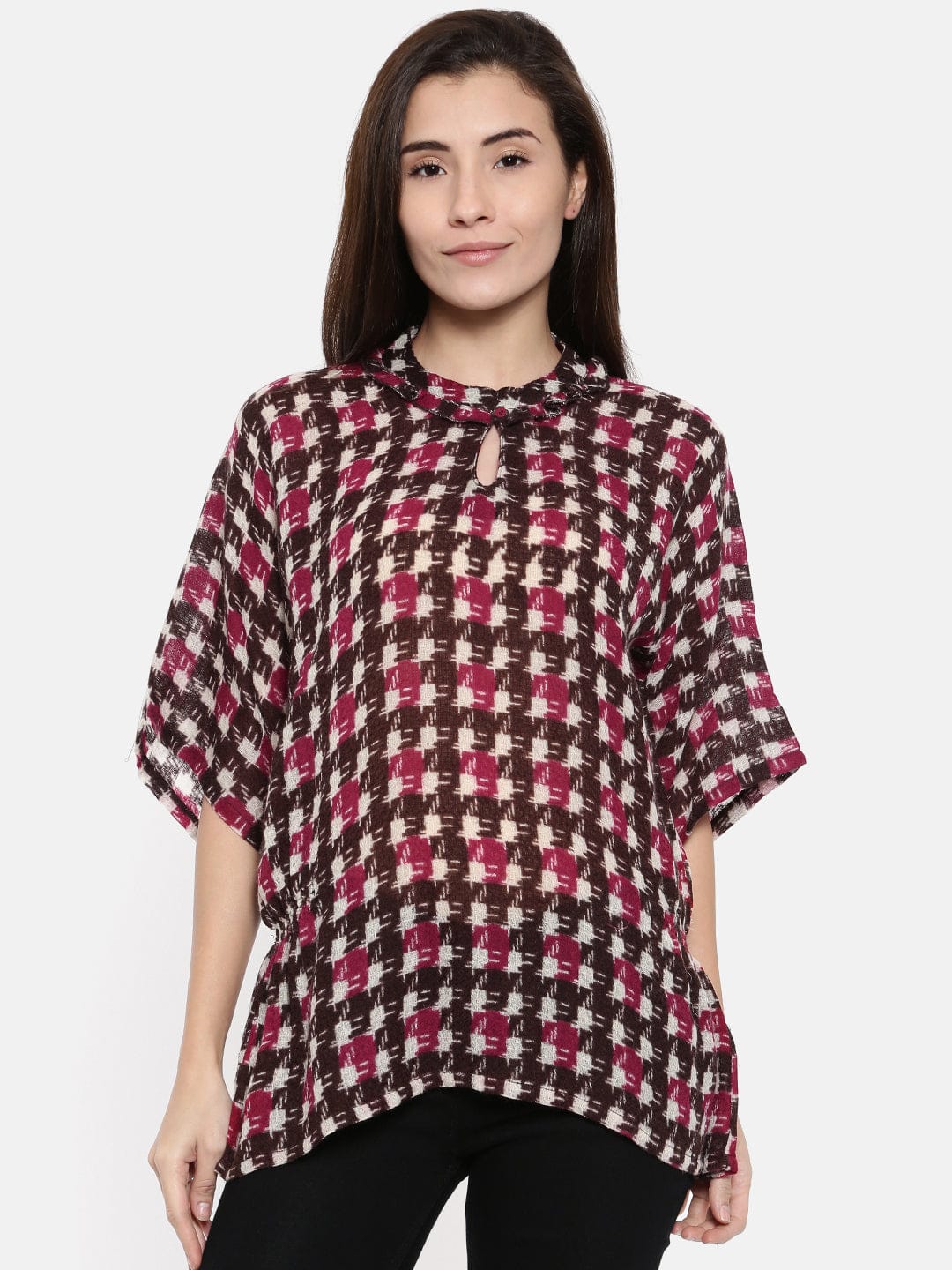 Maroon Abstract Check Woolen Boxy Top - Image 2