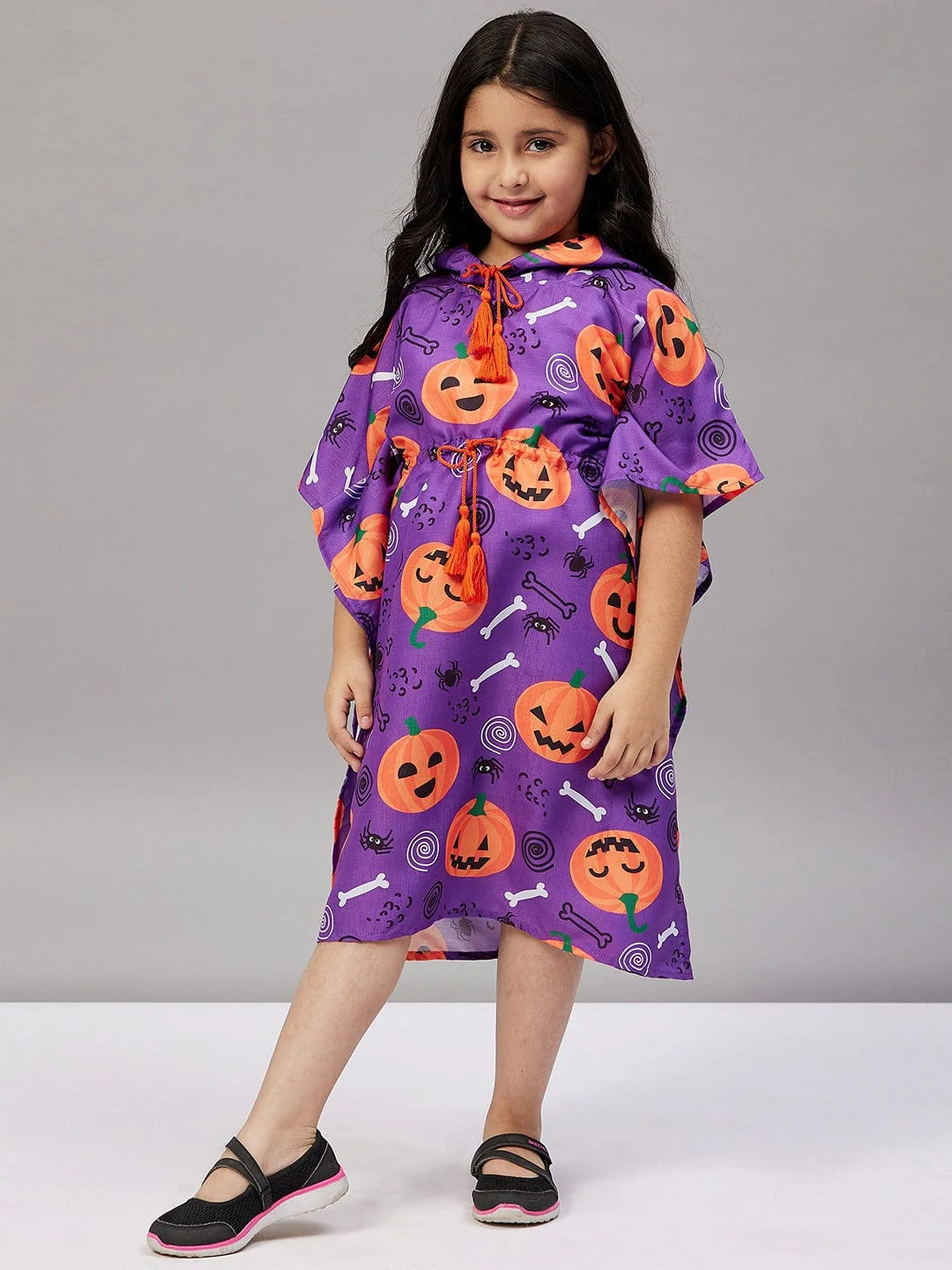 Girls Purple Halloween Printed Hooded Kaftan - Image 3