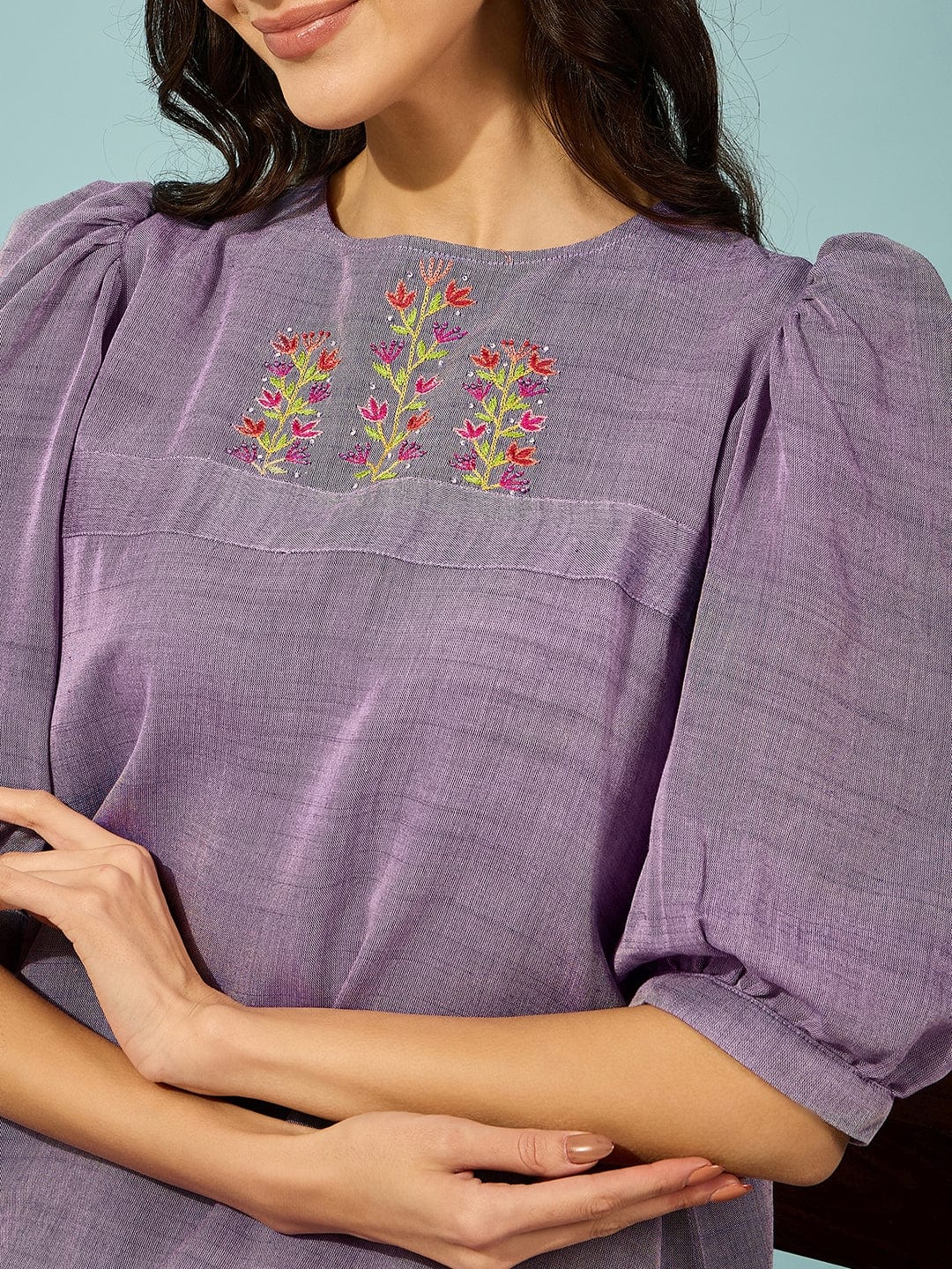 Purple Hand Embroidered Viscose Linen Dress - Image 6