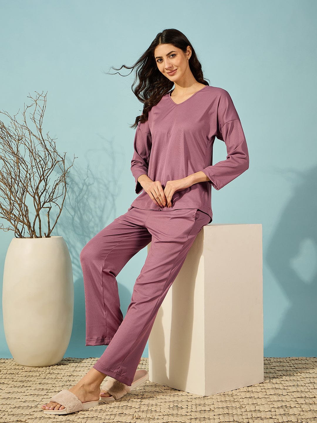 Purple Ribbed Lounge Set with Relaxed Fit - Image 7