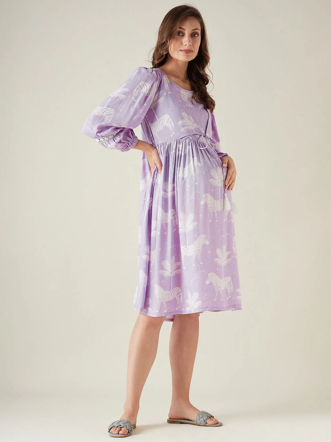 Purple zebras maternity and feeding dress - Image 3