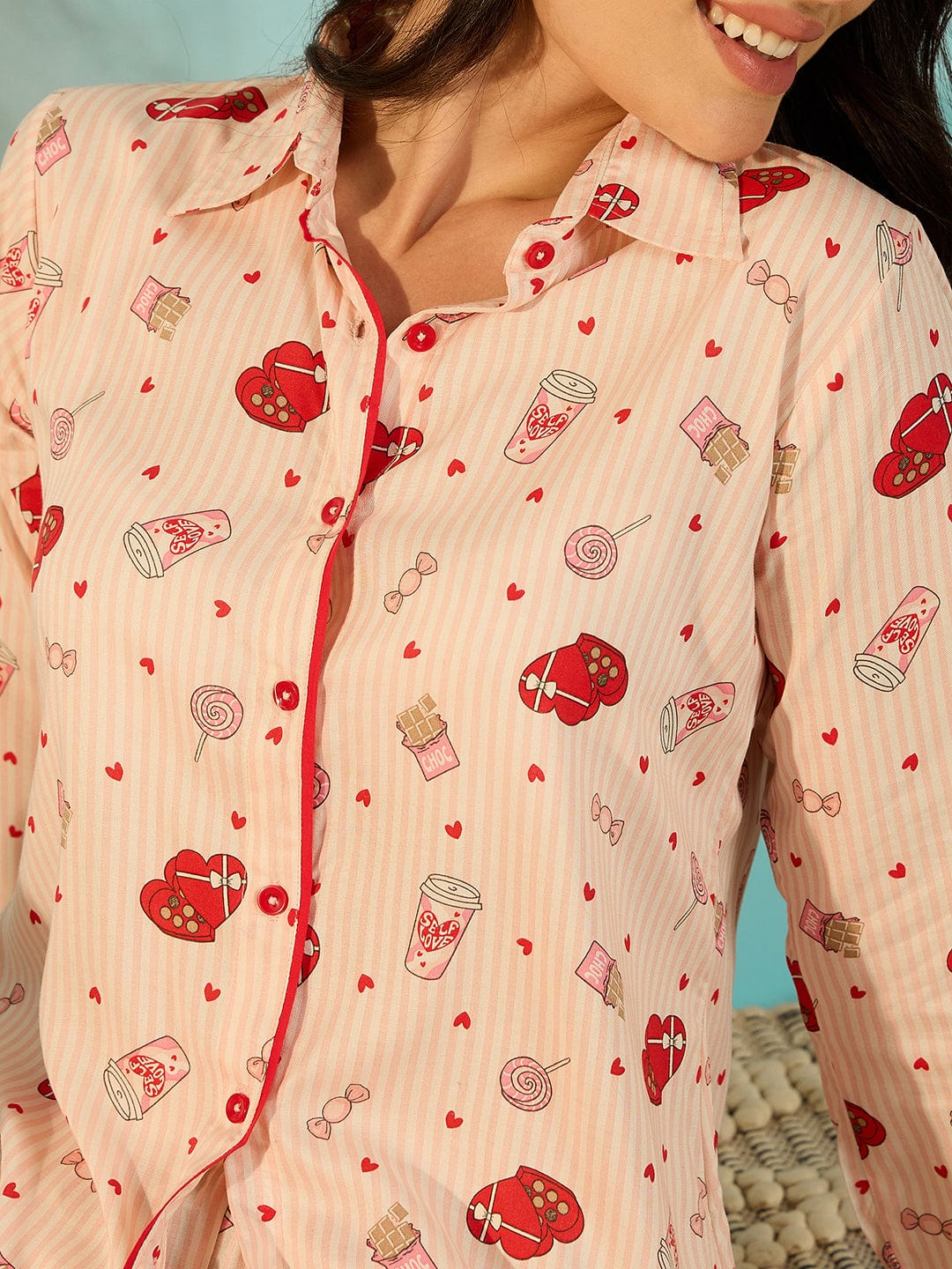 Radiating Red Heart Cotton Chic Pyjama Set For Women - Image 5