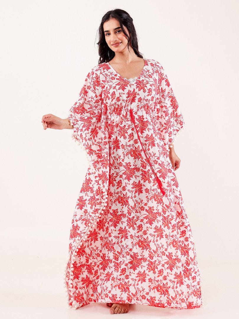 Red Floral Printed Cotton Loungewear Kaftan - Image 2