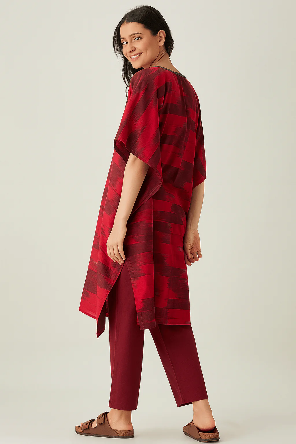 Red Ikat Cotton Kaftan Kurta - Image 4
