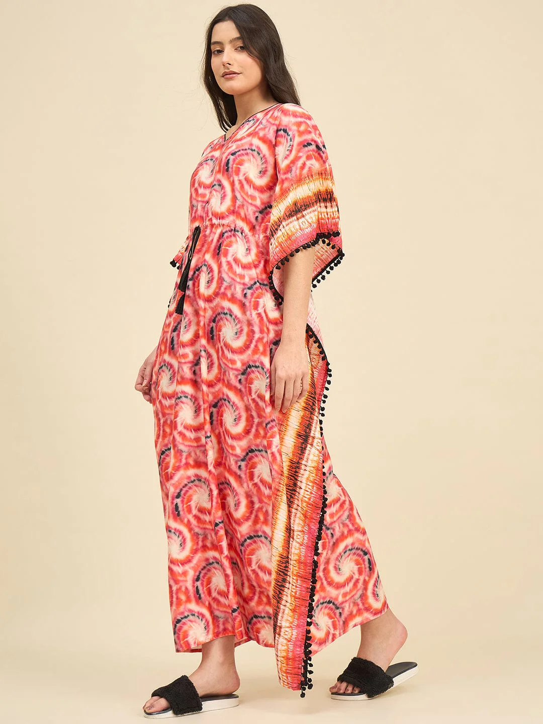 Red & Orange Printed Tie-Dye Cotton Kaftan with Pom-Pom Detailing - Image 2