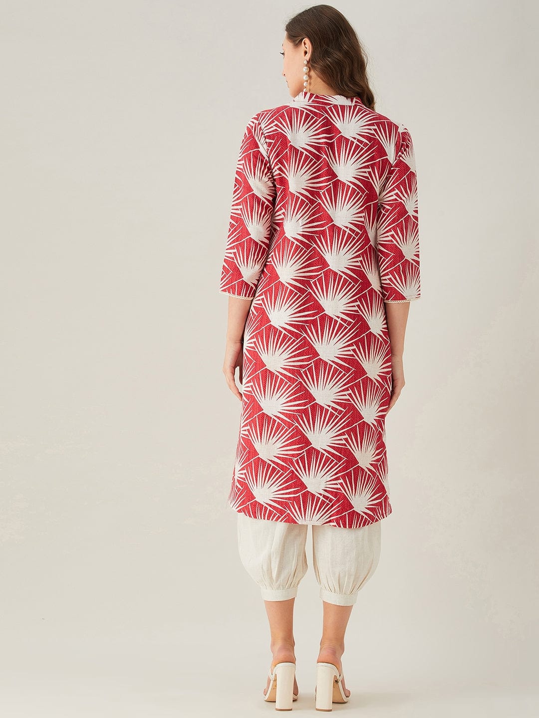 Red Palm Print Linen Kurta - Image 6