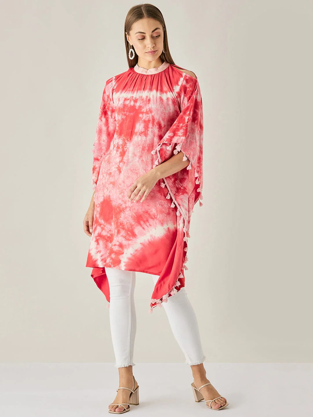 Red Tie Dye Cut Shoulder Kaftan Tunic - Image 3