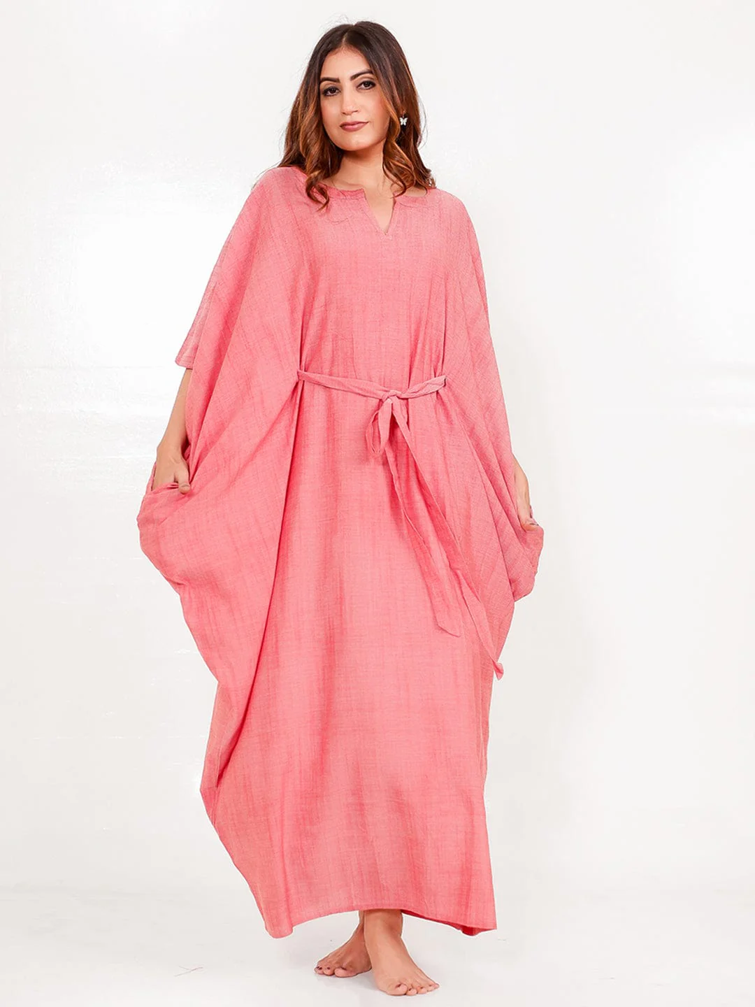Rose Pink Free Size Kaftan with Pockets - Image 5