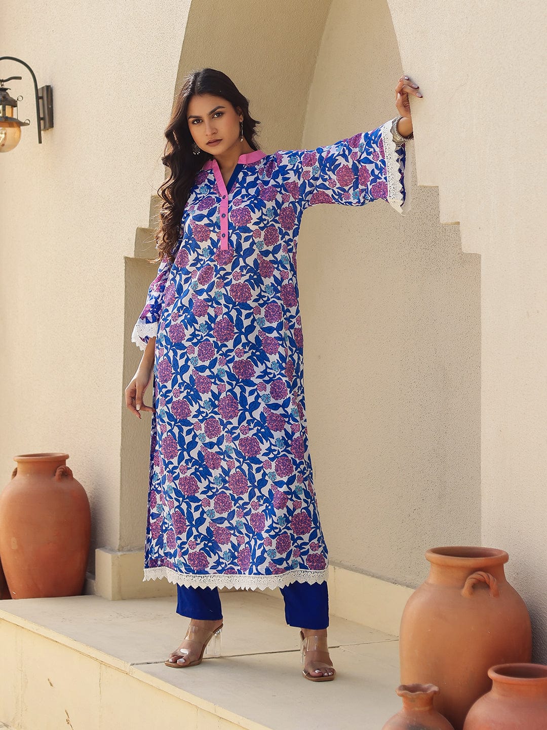 Royal Blue Floral Print Cotton Kurta with Contrast Placket - Image 5
