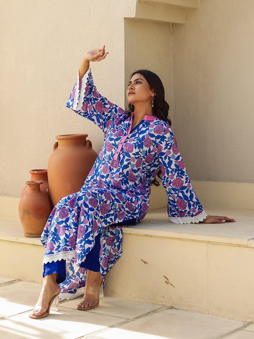 Royal Blue Floral Print Cotton Kurta with Contrast Placket - Image 6