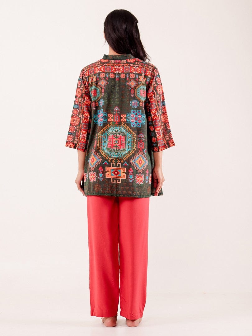 Rust Ethnic Printed Viscose Nightwear Pyjama Set - Image 4
