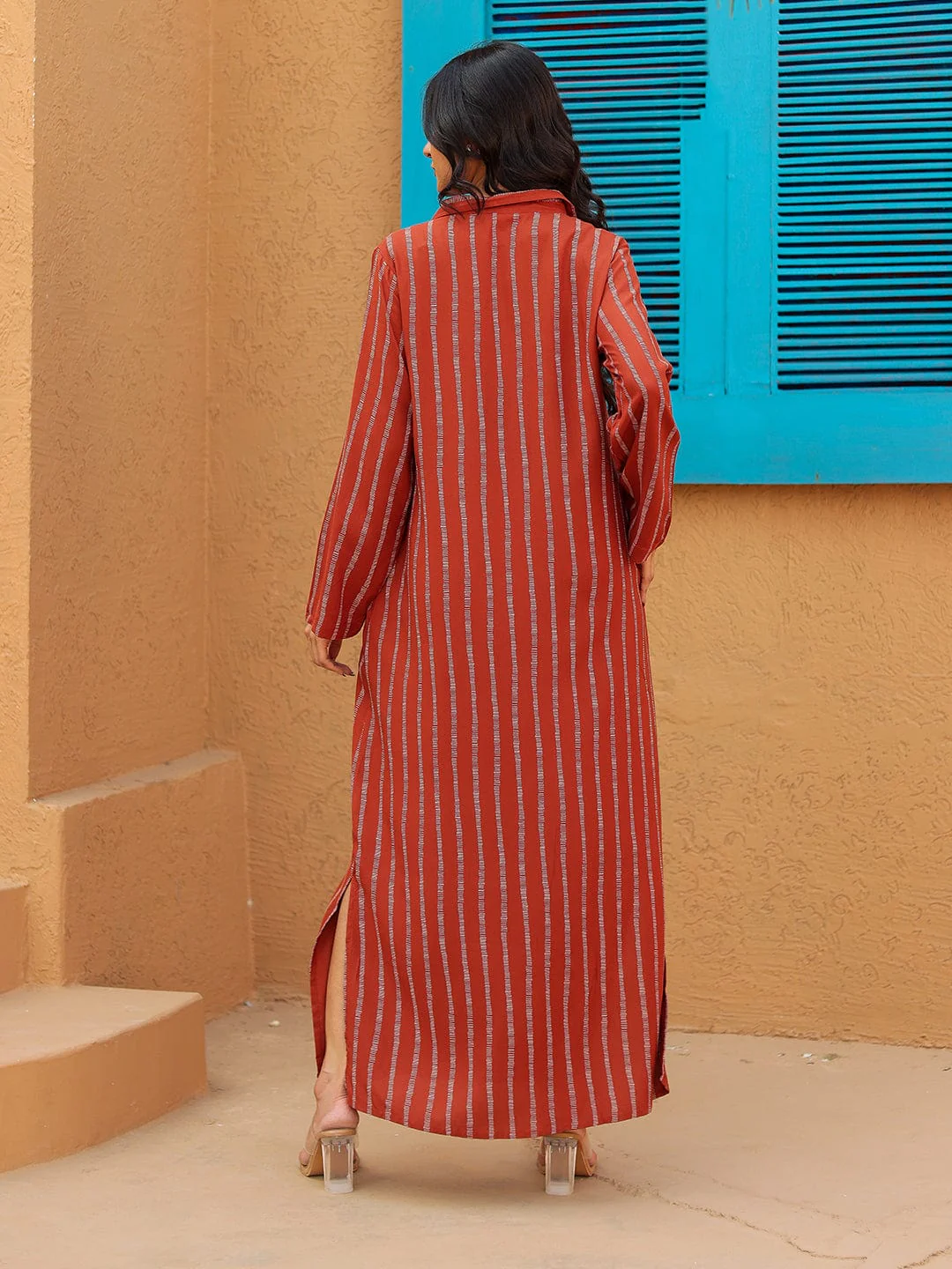 Rust Red Striped Full-Length Shirt Dress - Image 3