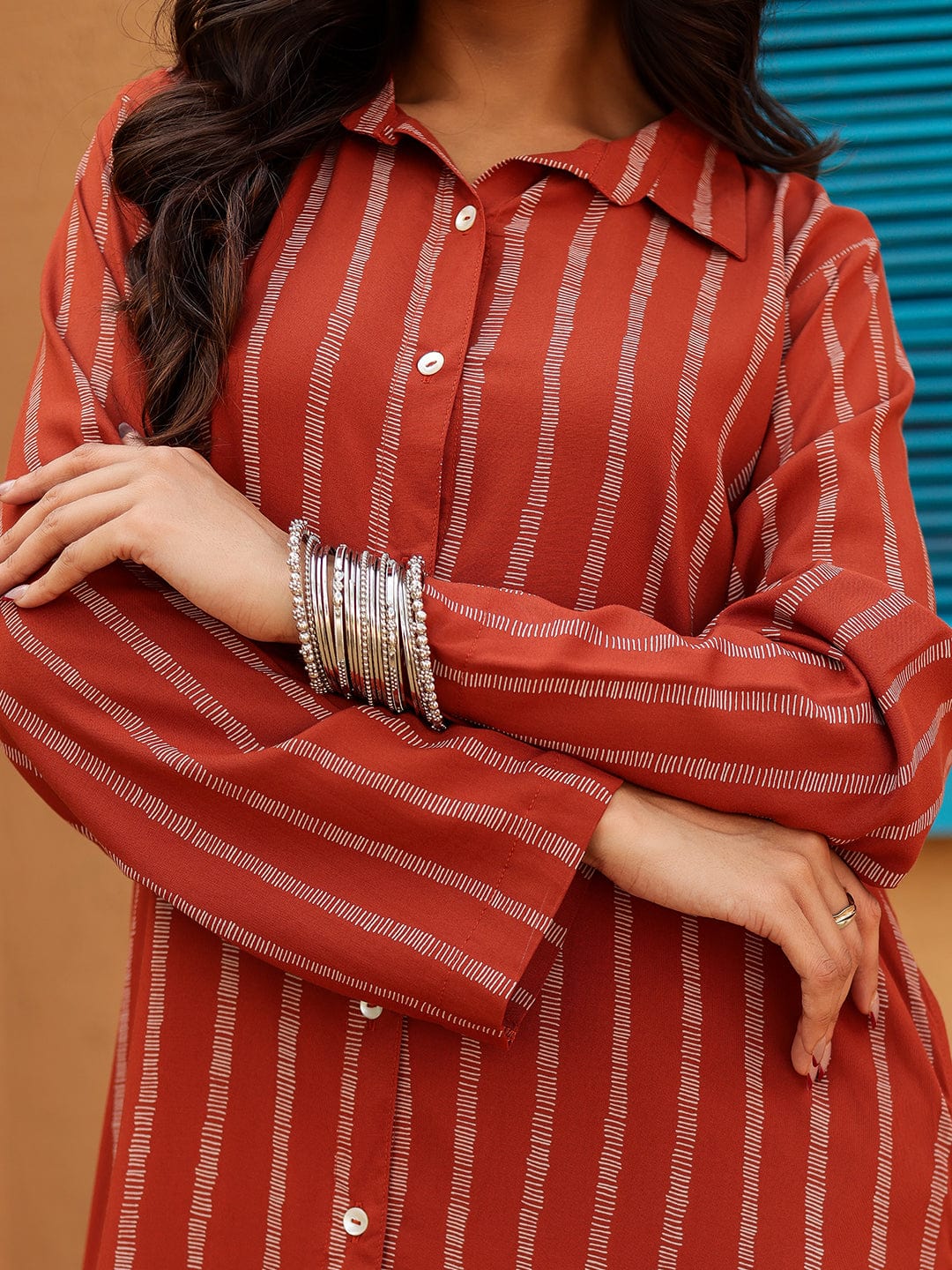 Rust Red Striped Full-Length Shirt Dress - Image 4