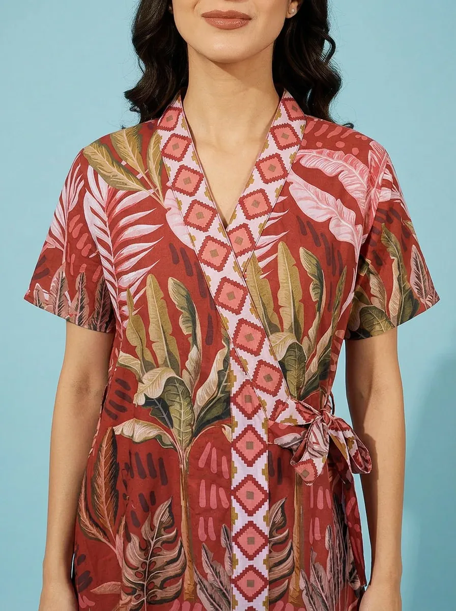 Rust Tropical Leaf Print Cotton Sleep Gown - Image 3
