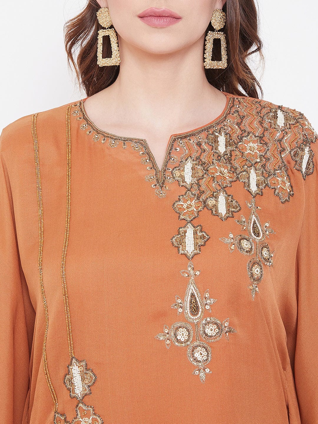 Rust Zari Embroidery Silk Kaftan - Image 5