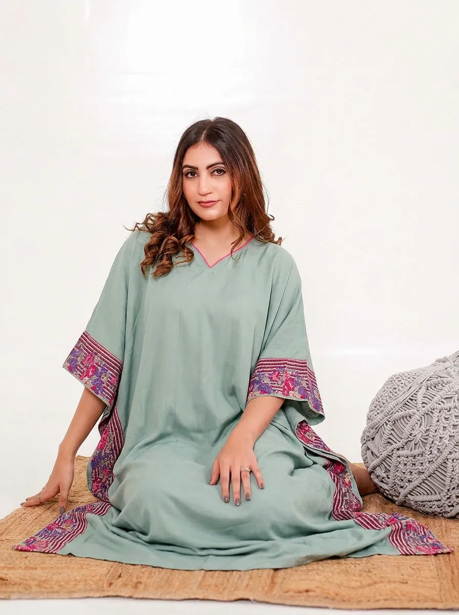 Sage Green Viscose Kaftan with Borders - Image 3