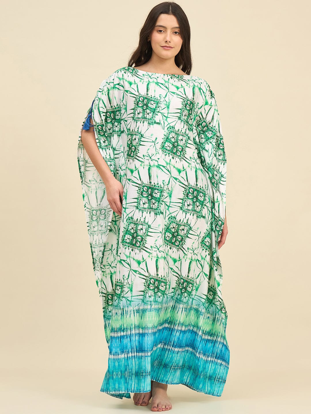 Sea Green & Blue Bamboo Pattern Tie-Dye Kaftan in Cotton - Image 4