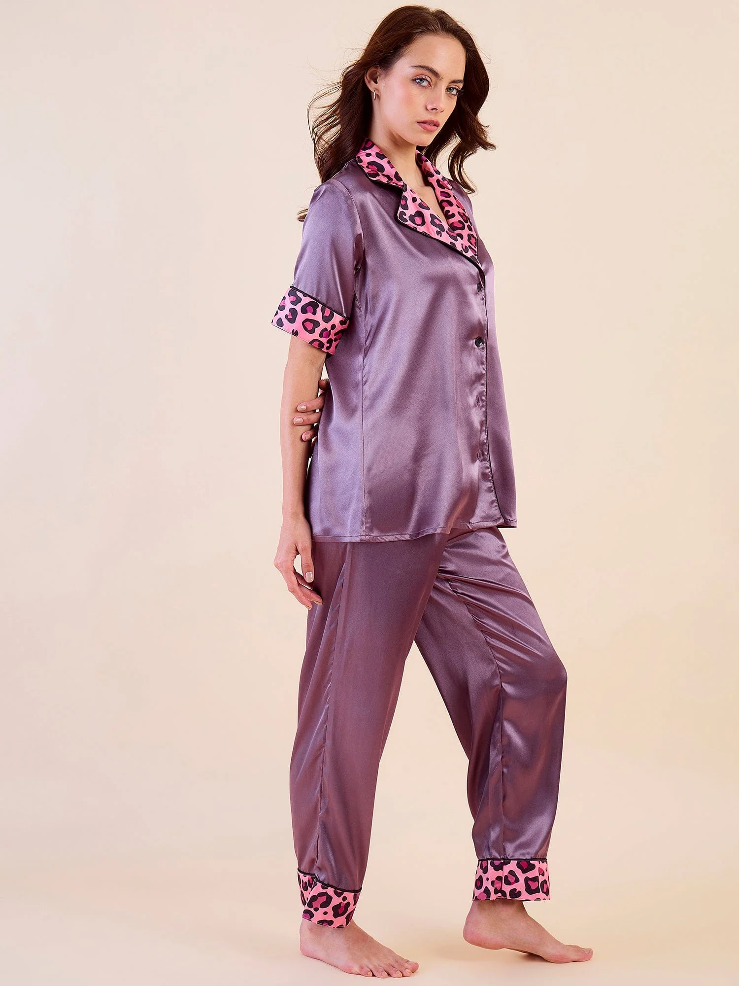Short Sleeve Satin Pyjama Set with Leopard Trim - Image 3