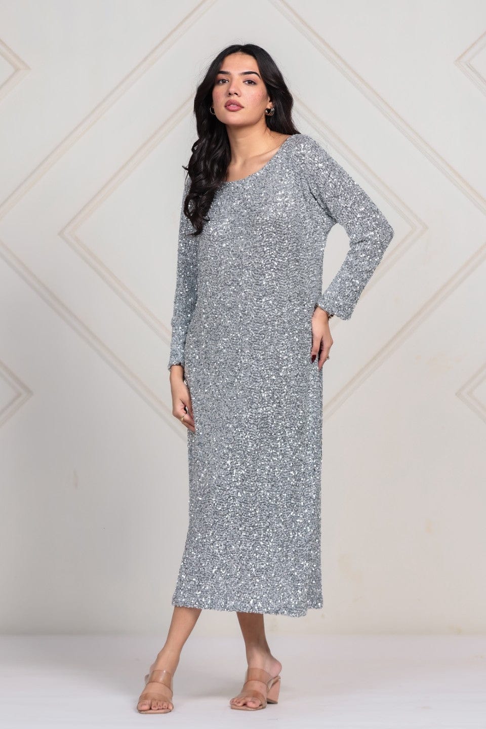 Silver All-Over Sequin Partywear Maxi Dress - Image 2