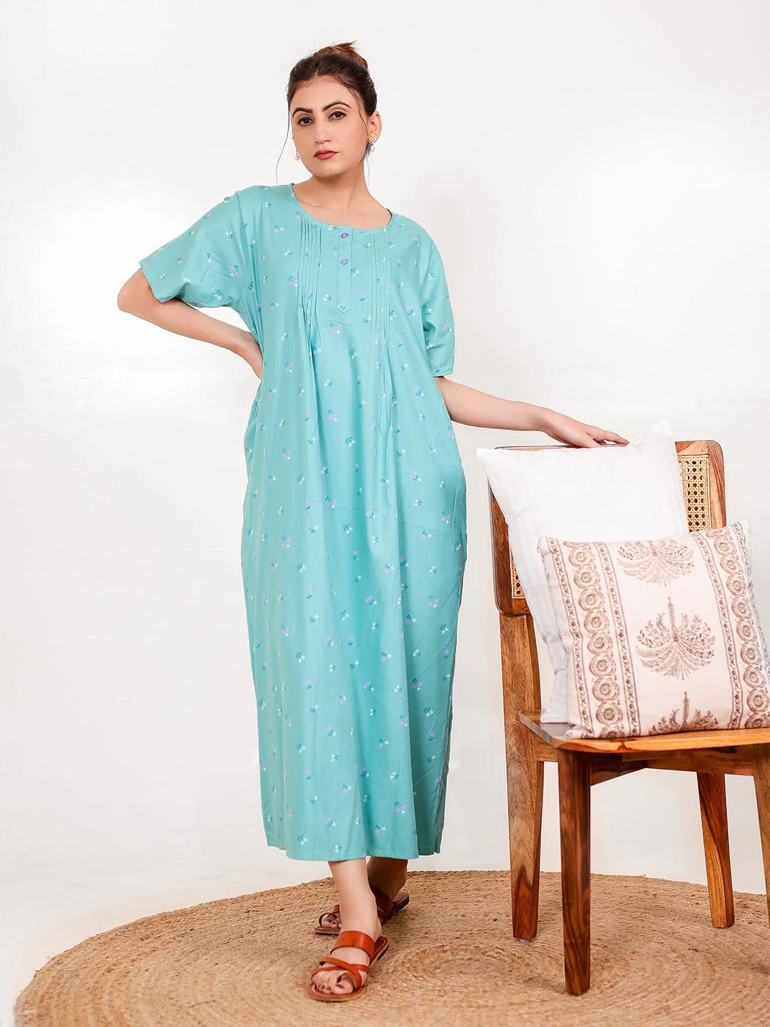 Sky Blue Viscose Rayon Nightdress with Pockets - Image 2