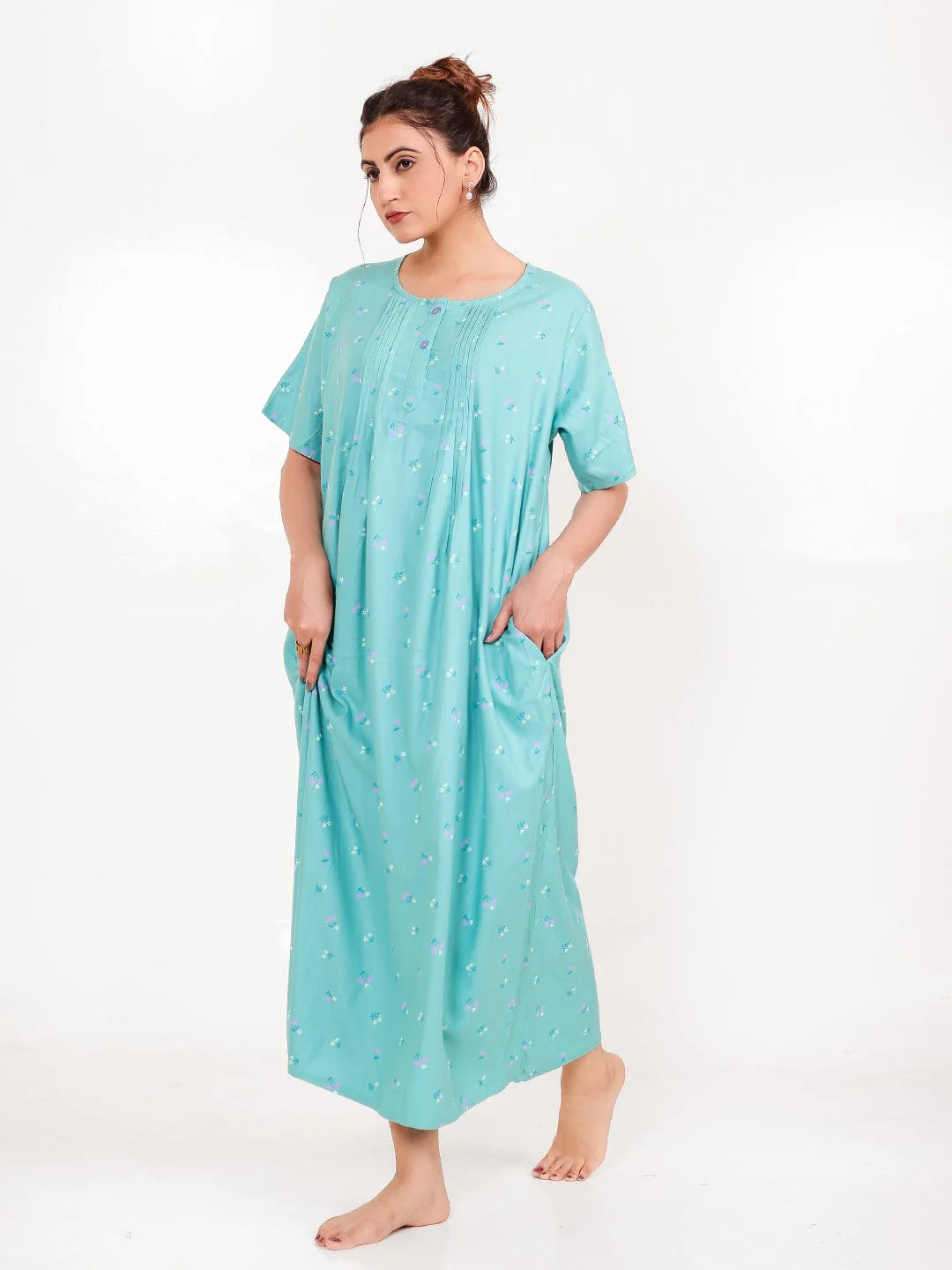 Sky Blue Viscose Rayon Nightdress with Pockets - Image 3