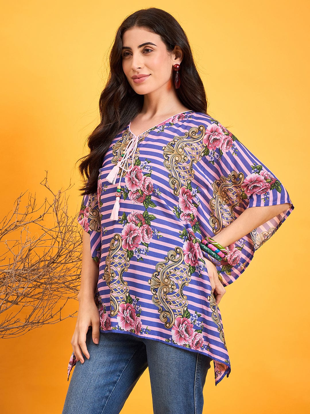 Striped Floral Kaftan Top - Image 3