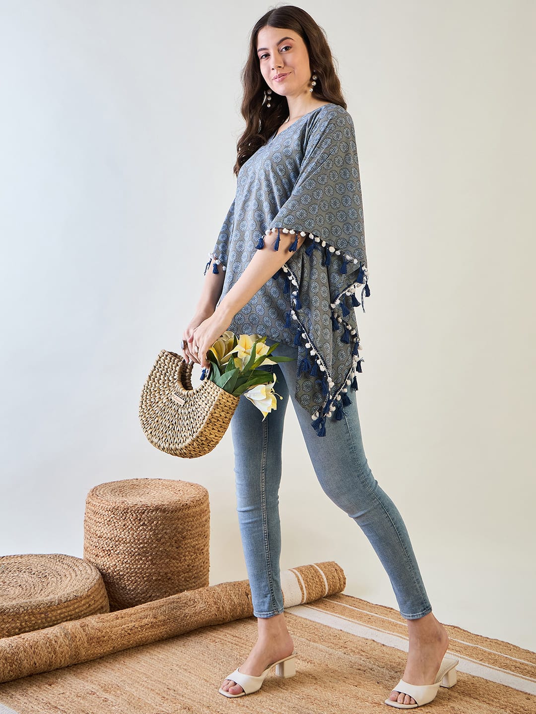 Stylish Blue Printed Crepe Kaftan Top with Tassel Details - Image 3